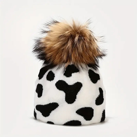 Cow Print Puff ball beanie
