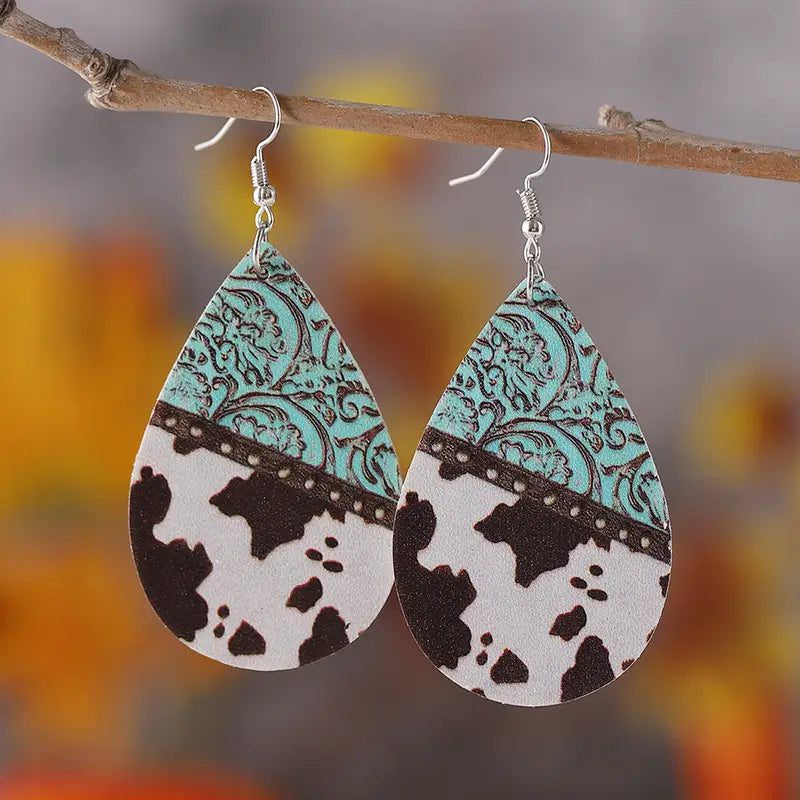 Teal Cow Print Earrings