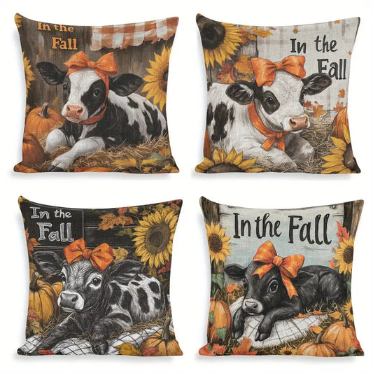 4 pc Autumn Harvest Cow Throw Pillow Covers
