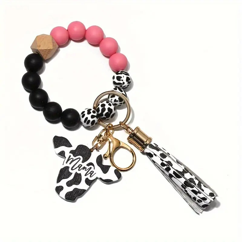 Mama Cow Print Wristlet Key Ring