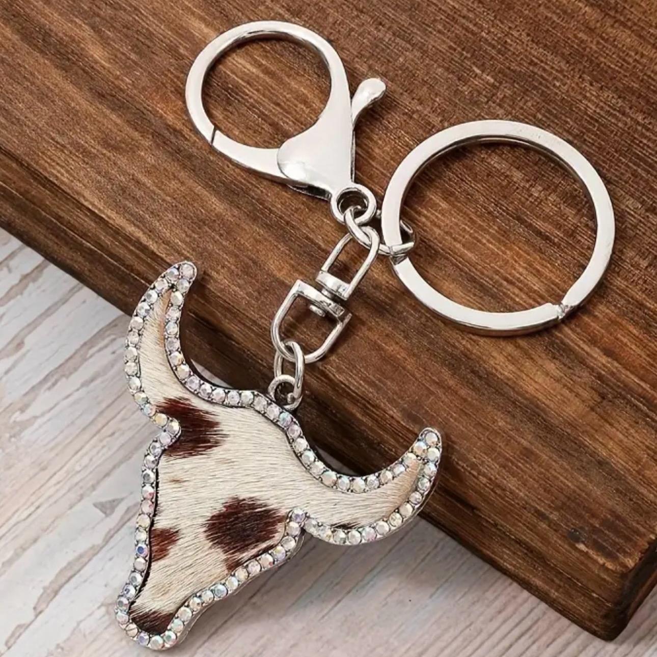 Brown Rhinestone Cow print Keyring