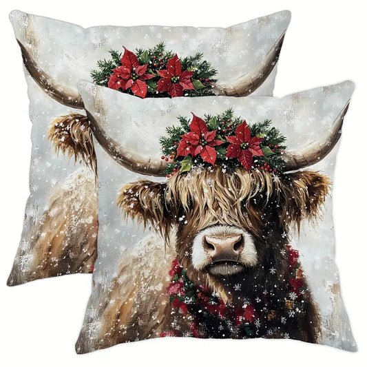 2pcs Christmas Highland Cow Pillow Covers