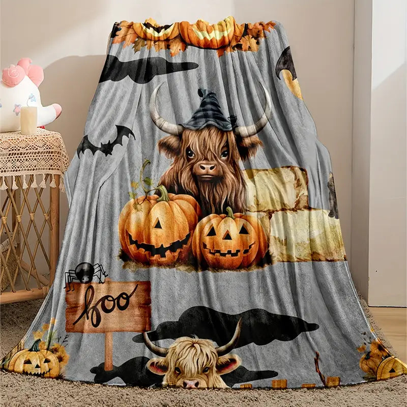Halloween Pumpkin highland cow Throw Blanket