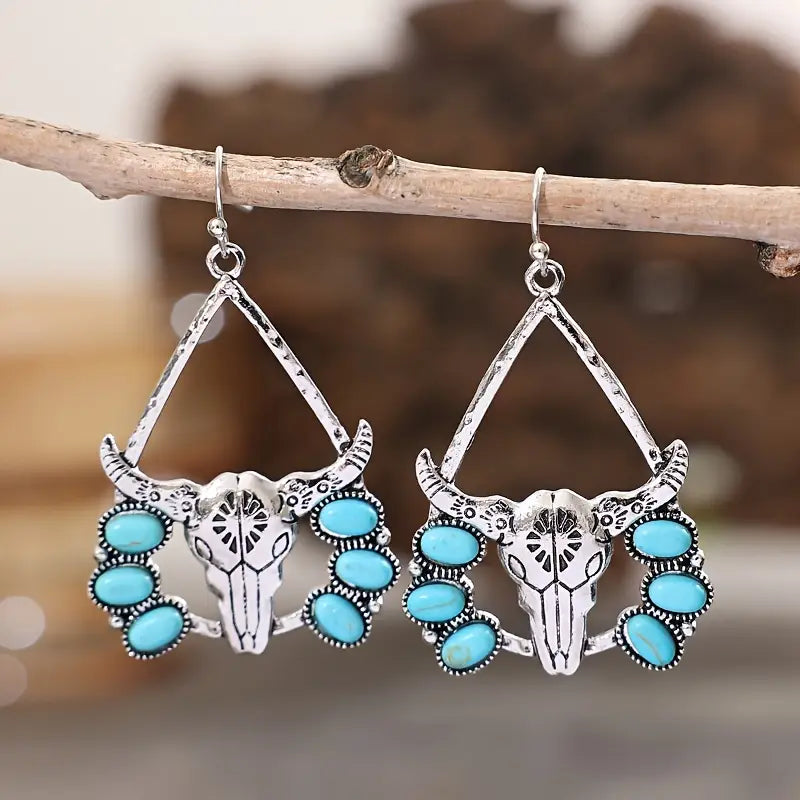 Turquoise Bull Head Teardrop Earrings