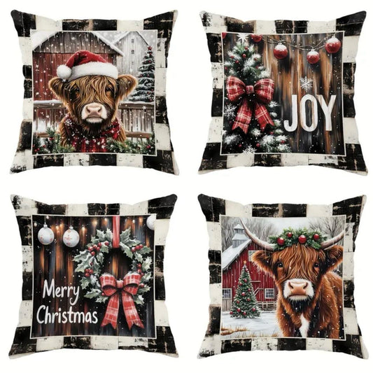4pcs Merry Christmas Highland Cow pillow covers