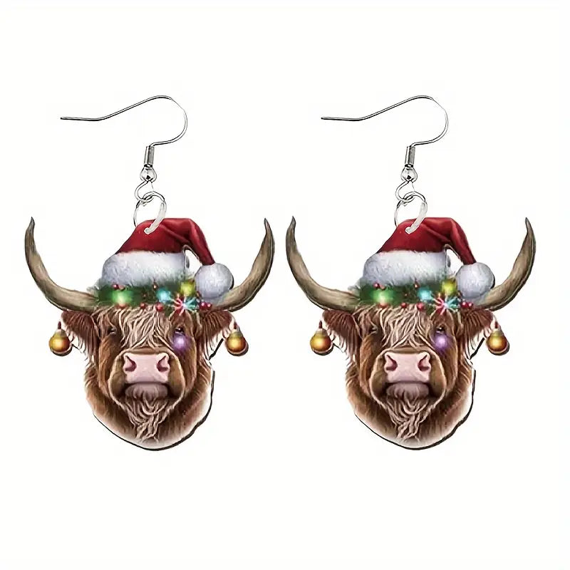 Wooden Santa Cow Earrings