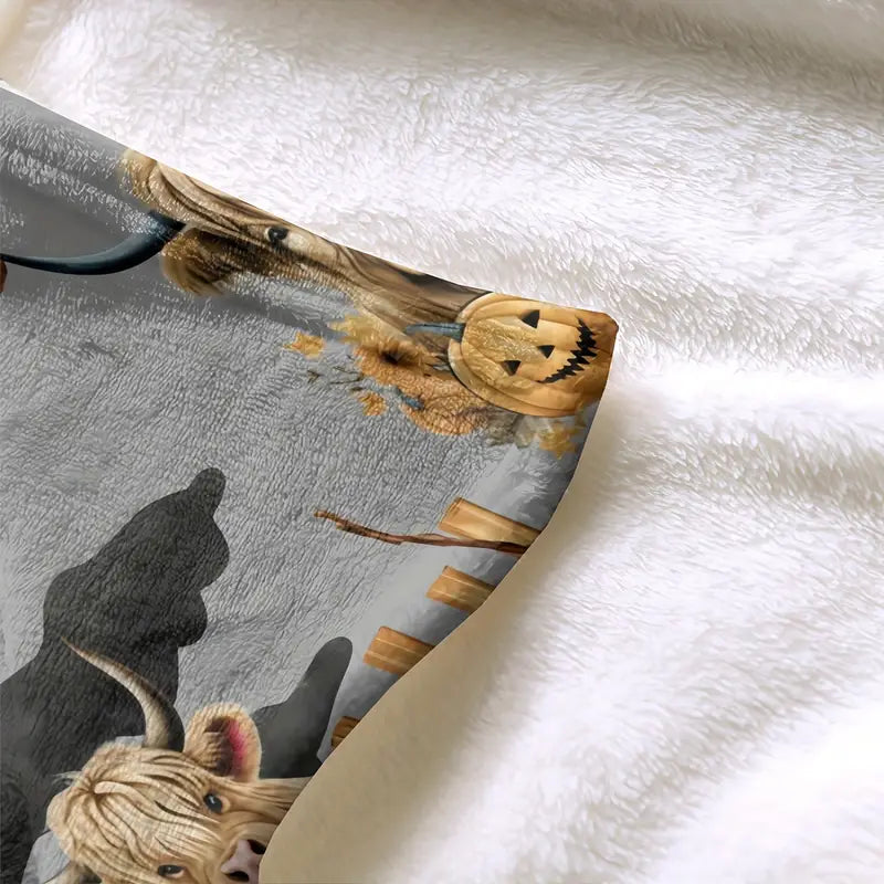Halloween Pumpkin highland cow Throw Blanket