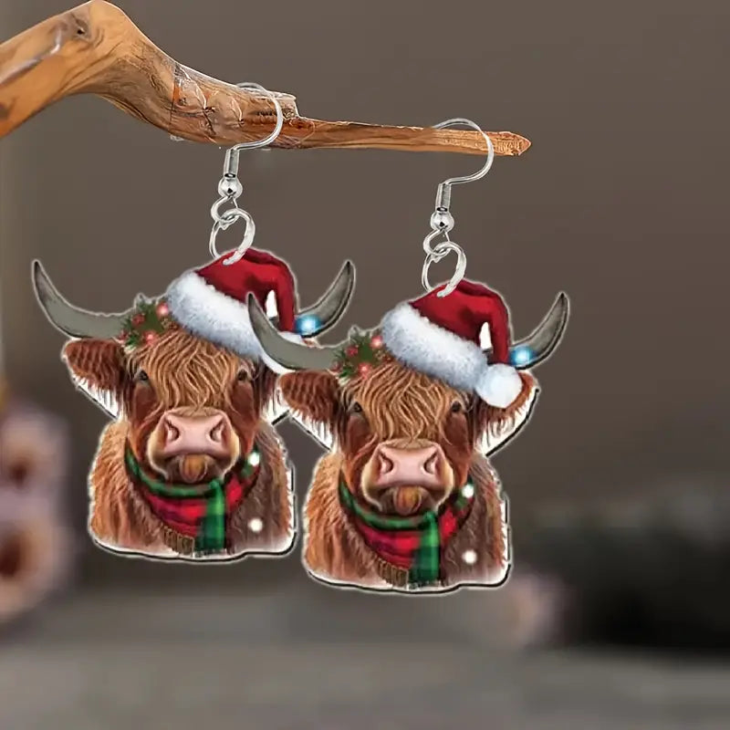 Wooden Scarf Cow Earrings